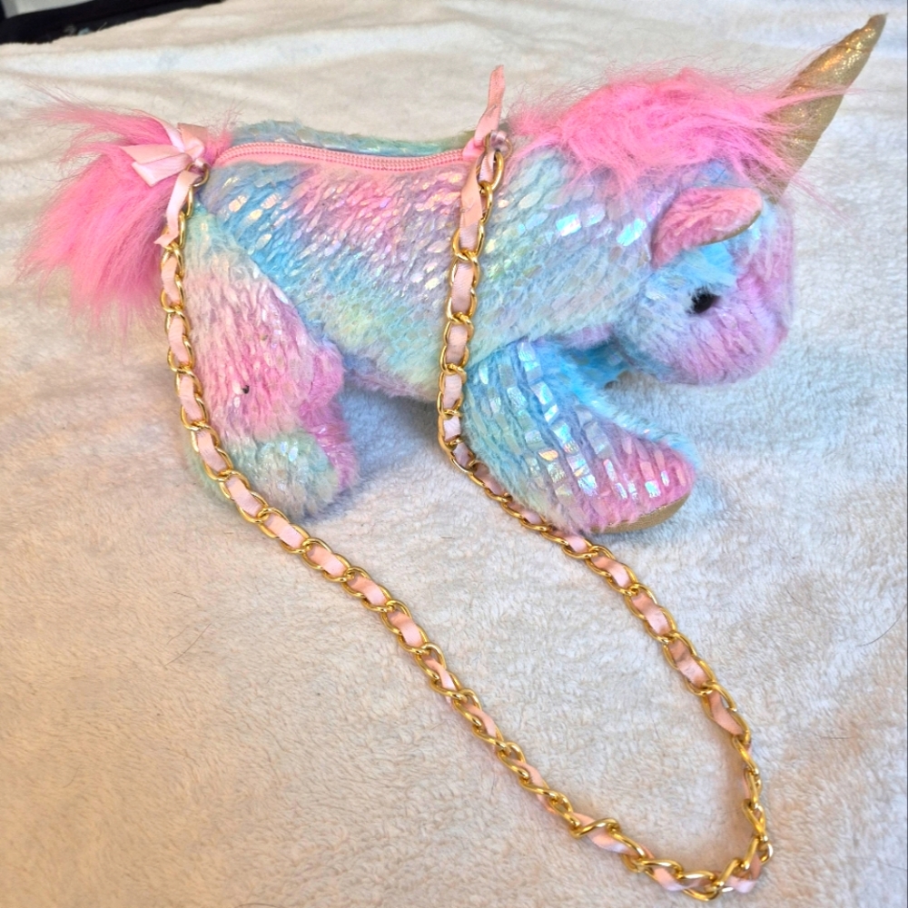 Sparkling Unicorn Plush Bag with Gold Chain